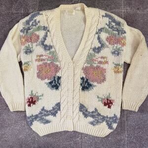 Women's Vintage 90s Needles & Yarn Ivory White Floral Rose Cardigan Sweater Sz L